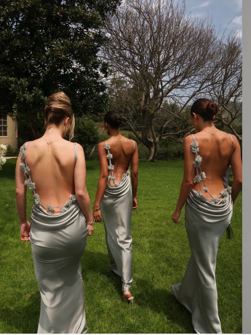 Satin Backless Slip Dress with Floral Strap Detail - Silver Green